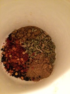 Here's the spice mix - fennel seed, chilli flakes, onion seeds, coriander and cumin
